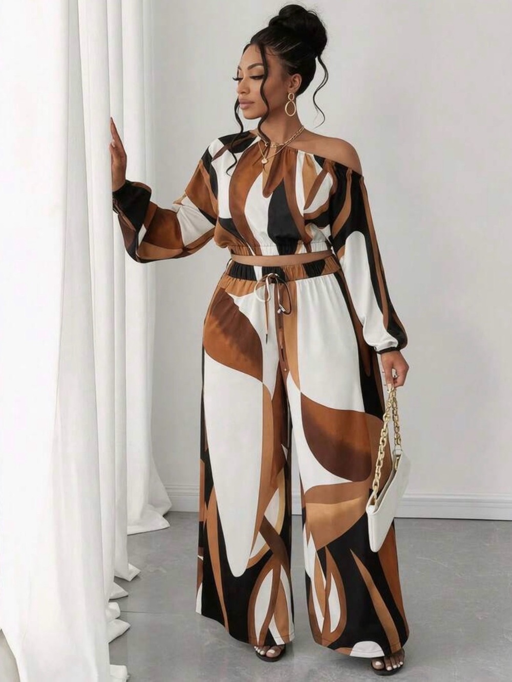 Women's Brown Multi-Print Wide Leg Jumpsuit - Picture 2 of 4